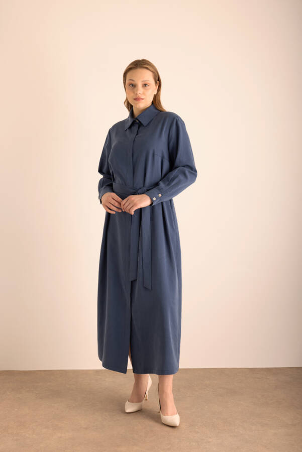 Lacivert Tencel Cotton Gömlek Elbise - 1