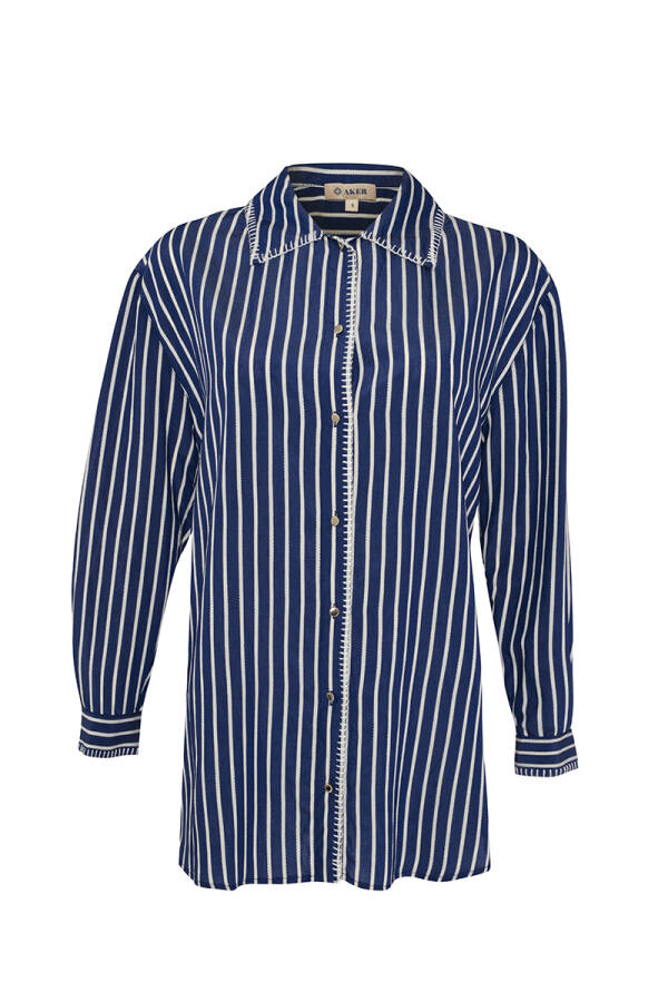 Lacivert Tığ İşi İşleme Detaylı Çizgili Uzun Bluz - 1