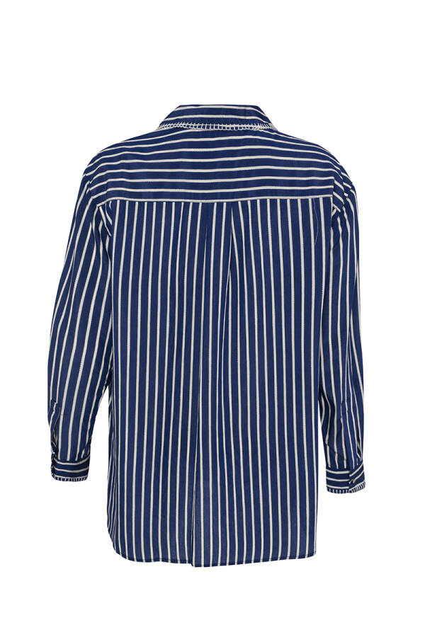 Lacivert Tığ İşi İşleme Detaylı Çizgili Uzun Bluz - 3