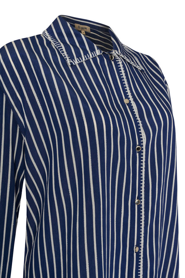 Lacivert Tığ İşi İşleme Detaylı Çizgili Uzun Bluz - 2