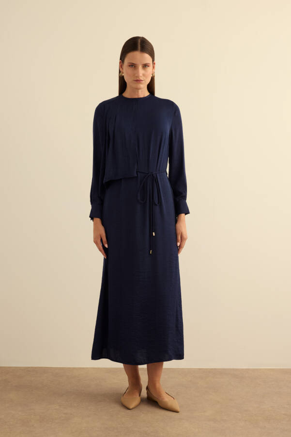 Lacivert Üst Kısmı Volan Parça Hareketli Dökümlü Elbise - 3