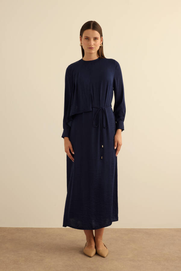 Lacivert Üst Kısmı Volan Parça Hareketli Dökümlü Elbise - 5