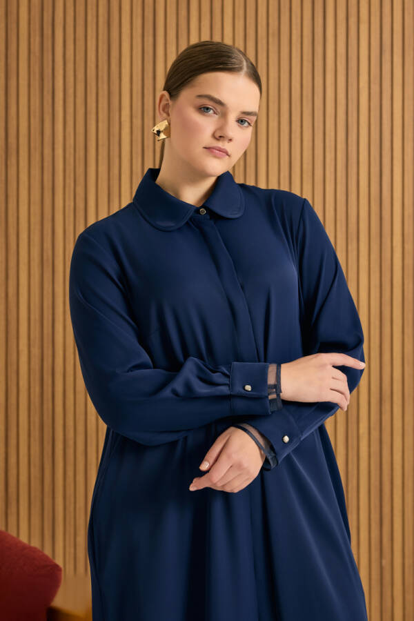 Lacivert Yaka ve Kol Ucu Organze Detaylı Ferace - Aker (1)