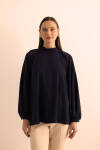 Lacivert Yaka ve Omuz Kısmı Pile Detaylı Dokuma Bluz - 1