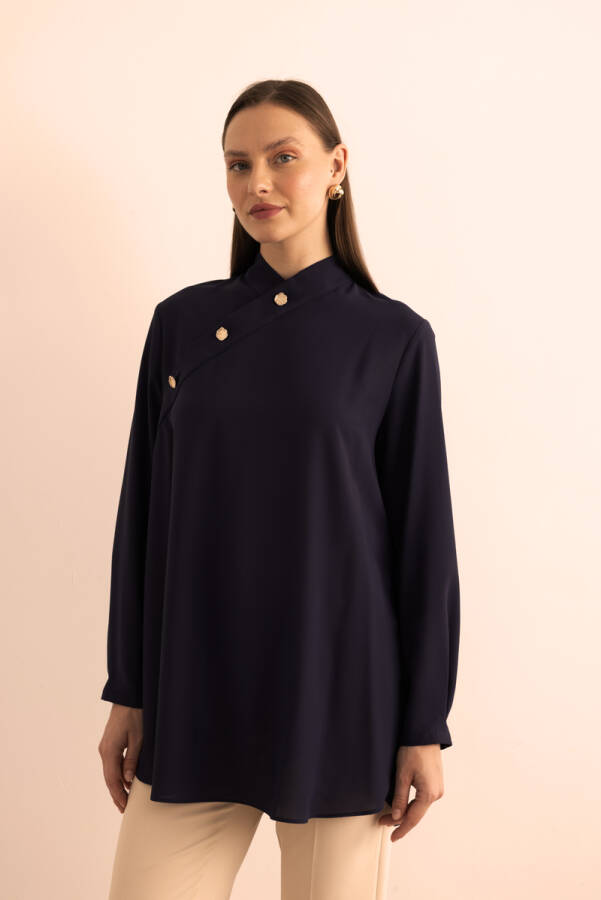 Lacivert Yakası Asimetrik , Metal Düğme Detaylı Dokuma Tunik - 1