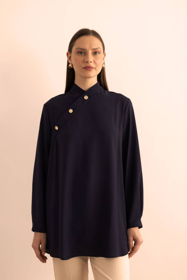 Lacivert Yakası Asimetrik , Metal Düğme Detaylı Dokuma Tunik - 5