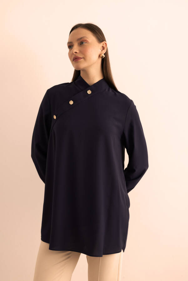 Lacivert Yakası Asimetrik , Metal Düğme Detaylı Dokuma Tunik - Aker (1)