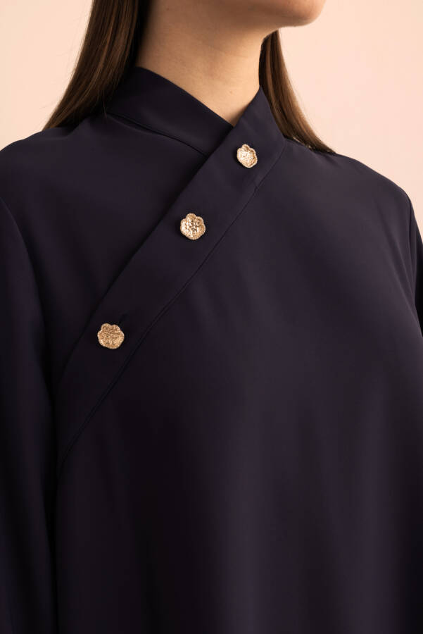 Lacivert Yakası Asimetrik , Metal Düğme Detaylı Dokuma Tunik - 6