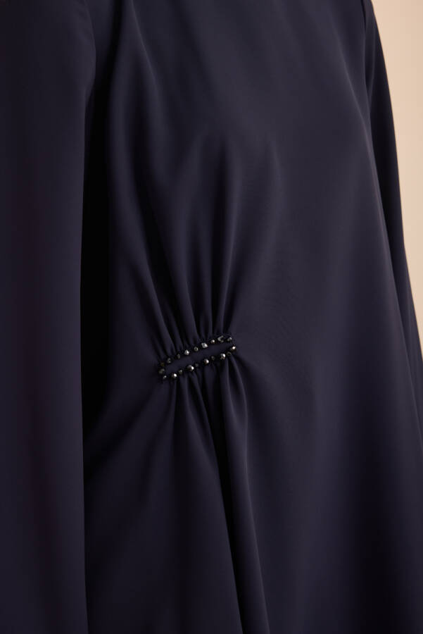 Lacivert Yandan Pili ve İşleme Detaylı Dokuma Bluz - 6