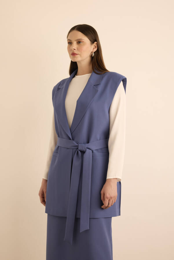 Lacivert Yanları Yırtmaçlı Dokuma Yelek - 3