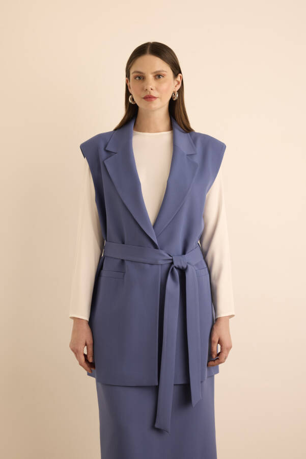 Lacivert Yanları Yırtmaçlı Dokuma Yelek - 5