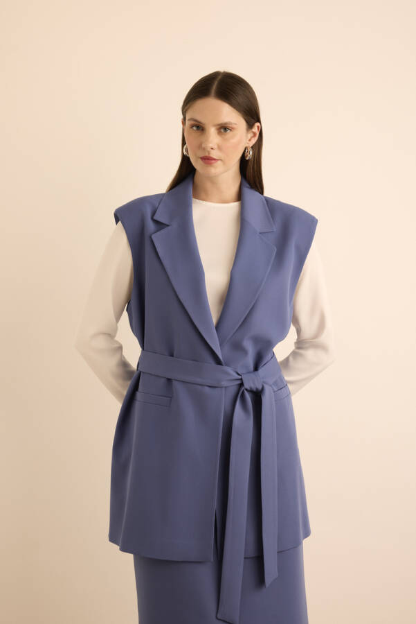 Lacivert Yanları Yırtmaçlı Dokuma Yelek - Aker (1)