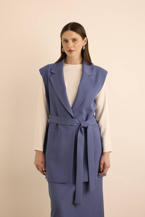 Lacivert Yanları Yırtmaçlı Dokuma Yelek - Aker