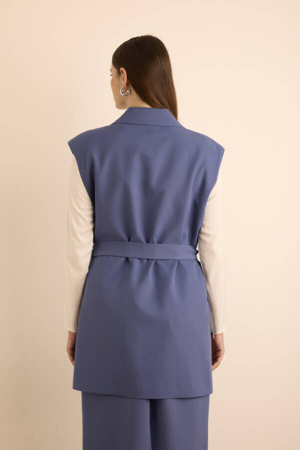 Lacivert Yanları Yırtmaçlı Dokuma Yelek - 7