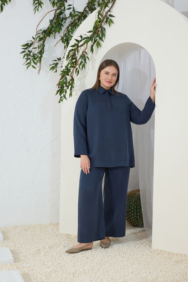 Lacivert Yarım Pat Detaylı Bluz - Aker