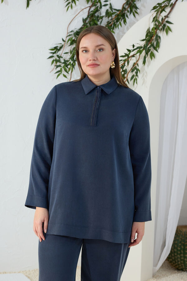 Lacivert Yarım Pat Detaylı Bluz - 3