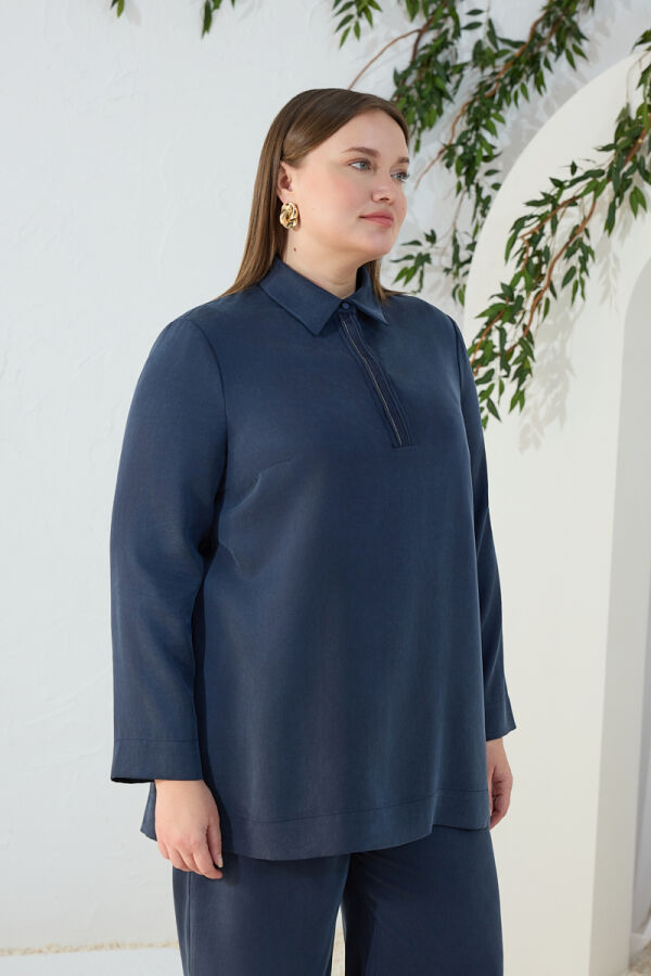 Lacivert Yarım Pat Detaylı Bluz - 5