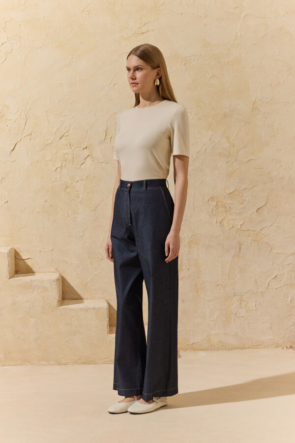Lacivert Yıkamalı Boru Pantolon - 4