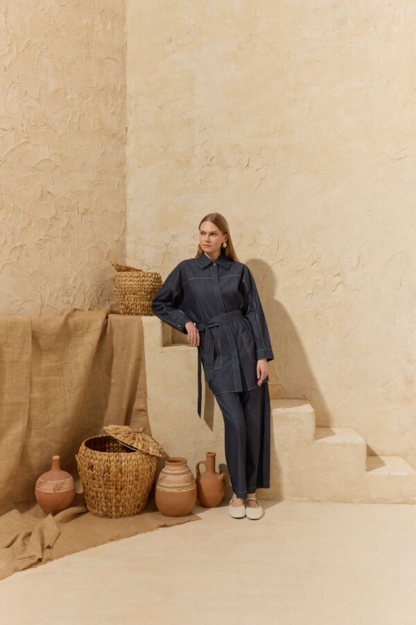 Lacivert Yıkamalı Denim Tunik - Aker