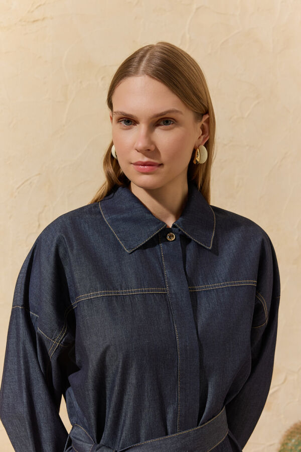 Lacivert Yıkamalı Denim Tunik - 4