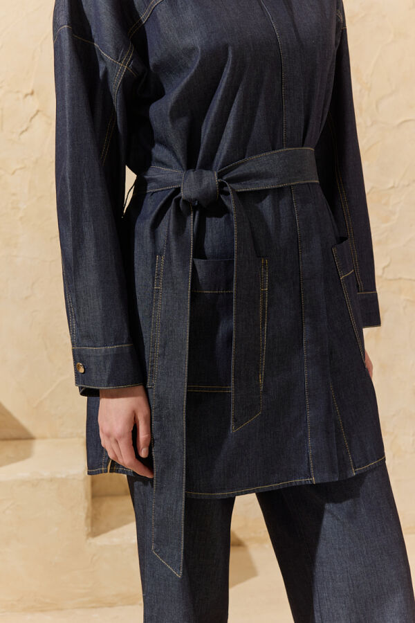 Lacivert Yıkamalı Denim Tunik - 5