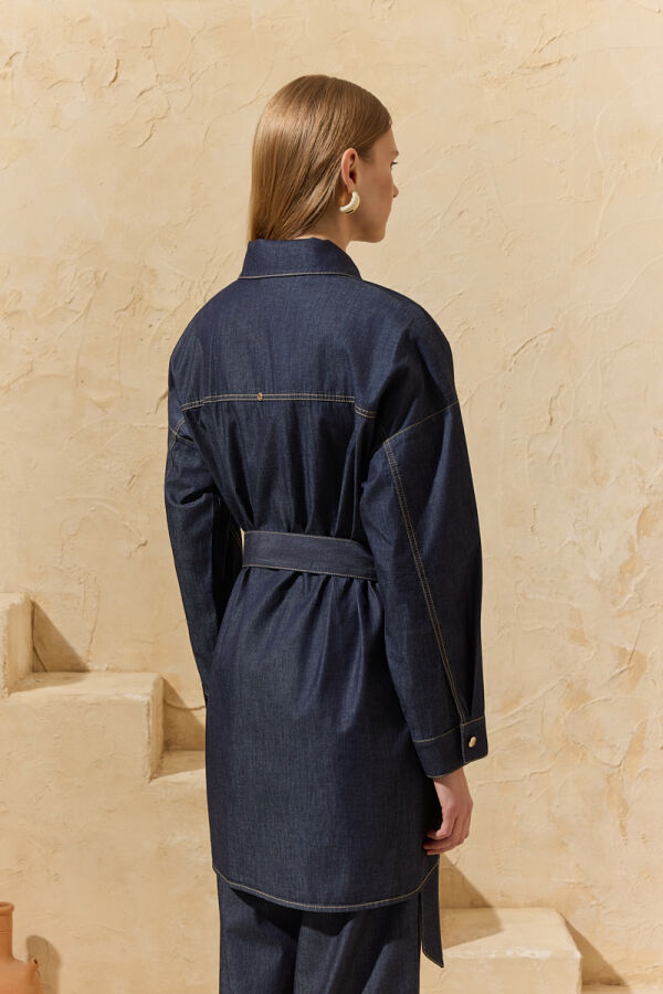 Lacivert Yıkamalı Denim Tunik - 7