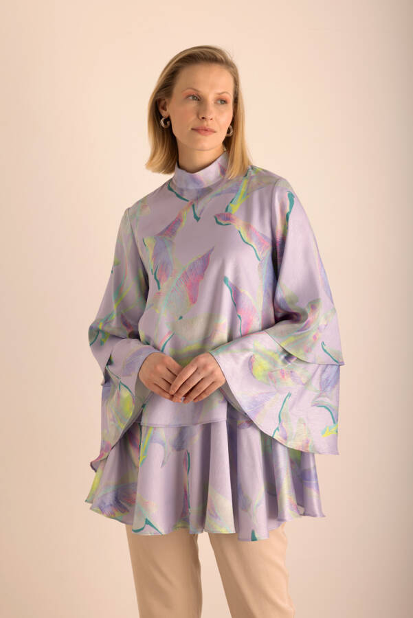 Lila Büyük Çiçek Desenli Kat Kat Bluz - 1