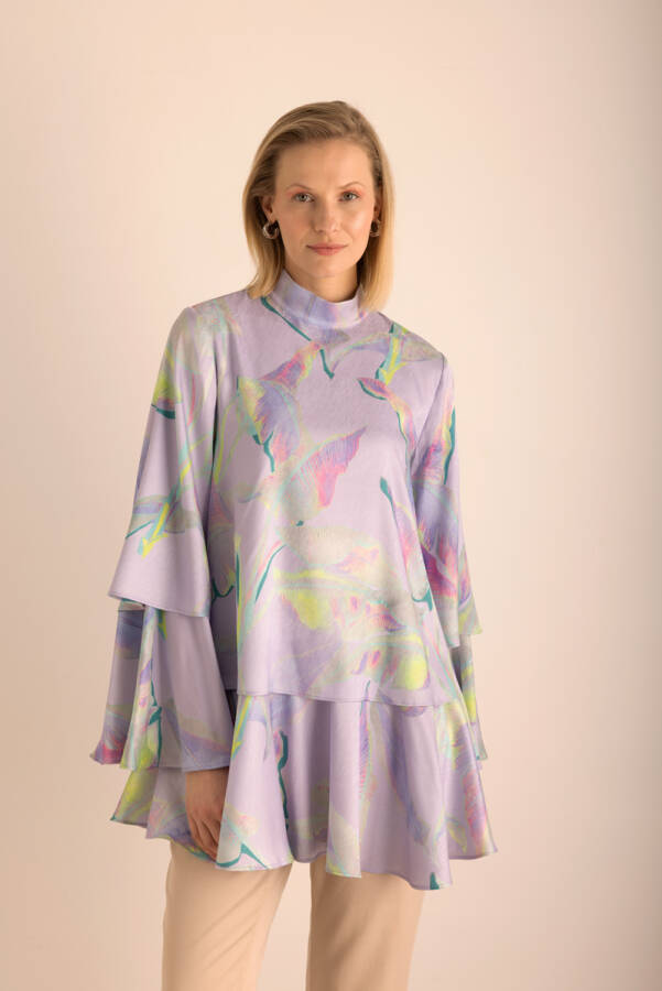 Lila Büyük Çiçek Desenli Kat Kat Bluz - 4