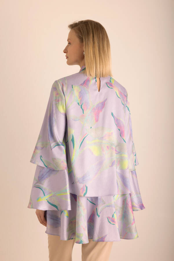 Lila Büyük Çiçek Desenli Kat Kat Bluz - 6