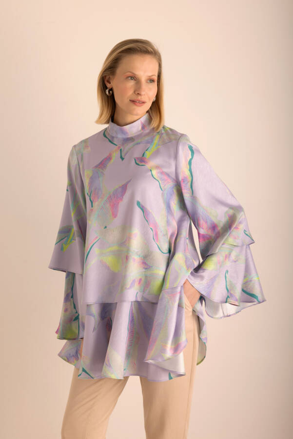 Lila Büyük Çiçek Desenli Kat Kat Bluz - 5