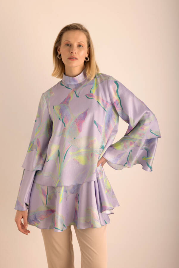 Lila Büyük Çiçek Desenli Kat Kat Bluz - Aker (1)