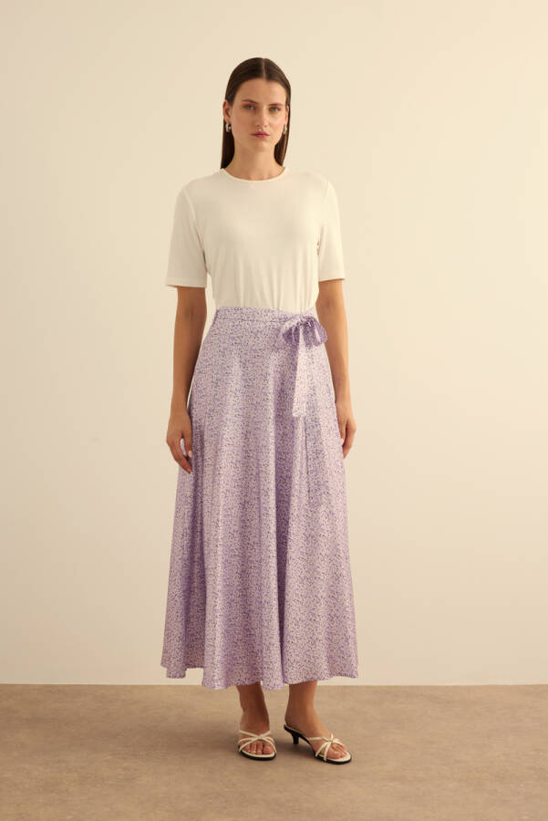 Lila Çıtır Çiçek Desen Kloş Etek - Aker