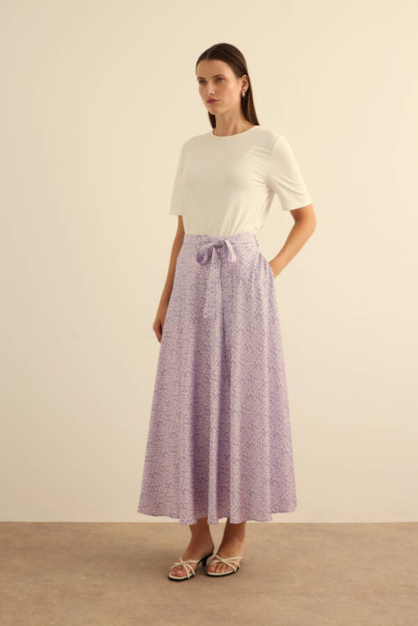 Lila Çıtır Çiçek Desen Kloş Etek - Aker (1)