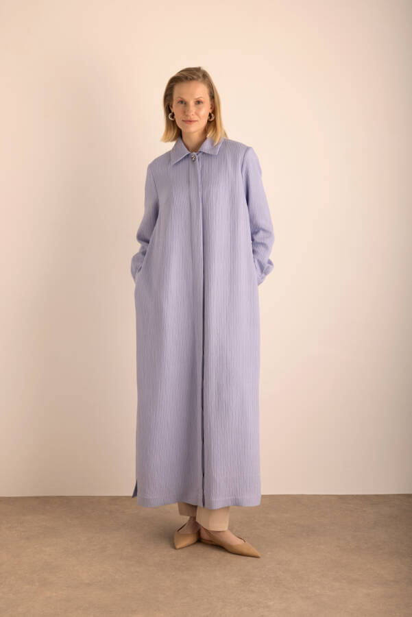 Lila Kumaşı Çizgi Dokulu Viscon Pardösü - Aker (1)