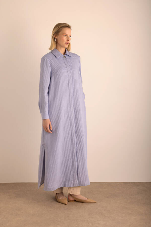 Lila Kumaşı Çizgi Dokulu Viscon Pardösü - 6