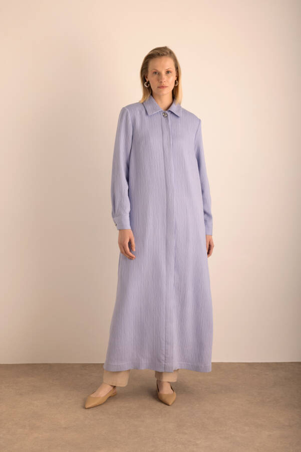 Lila Kumaşı Çizgi Dokulu Viscon Pardösü - Aker