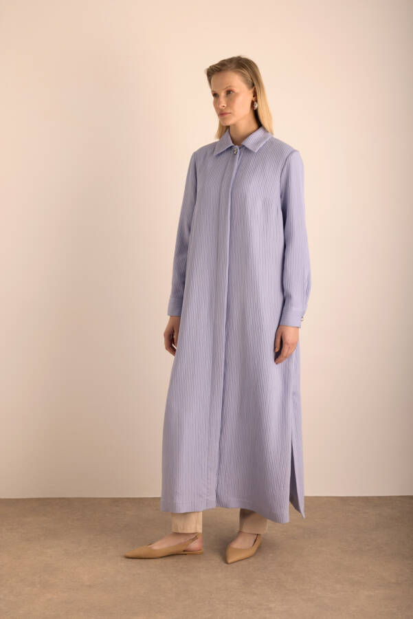 Lila Kumaşı Çizgi Dokulu Viscon Pardösü - 5