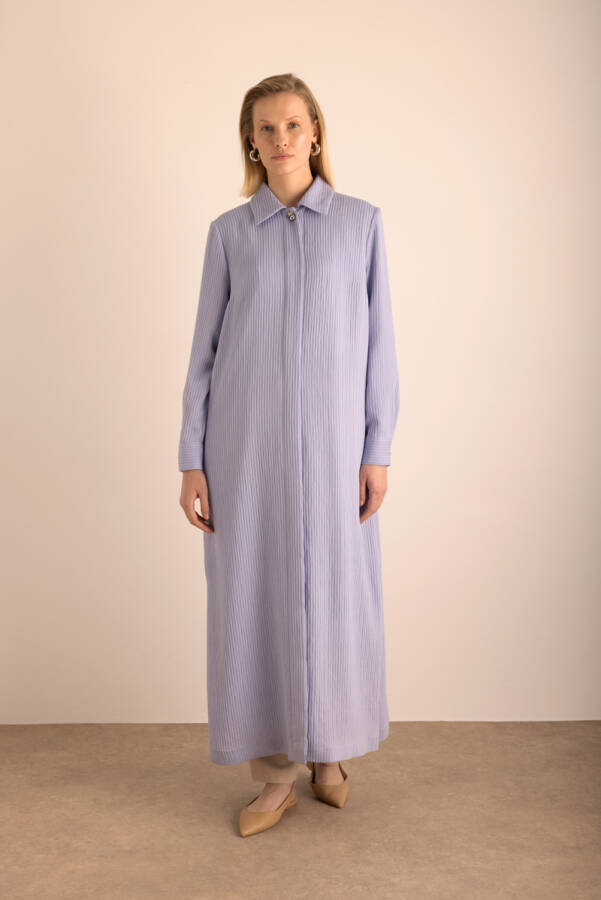 Lila Kumaşı Çizgi Dokulu Viscon Pardösü - 3