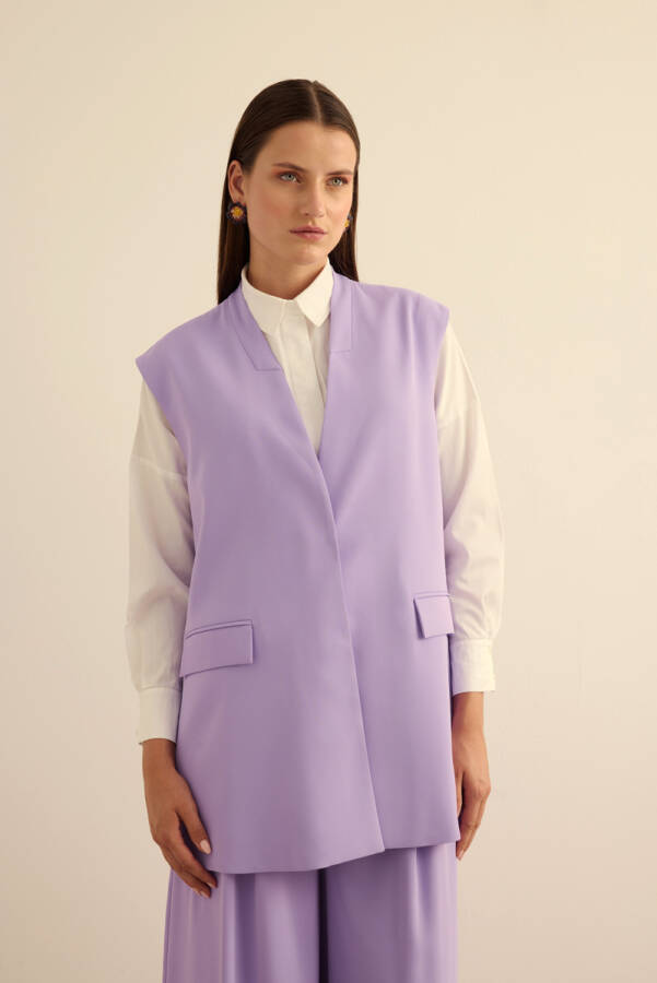 Lila Önden Çıtçıtlı Dokuma Yelek - 3