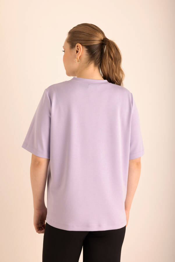 Lila Yakası İşlemeli Örme Kısa Kollu Bluz - 5