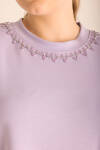 Lila Yakası İşlemeli Örme Kısa Kollu Bluz - 3