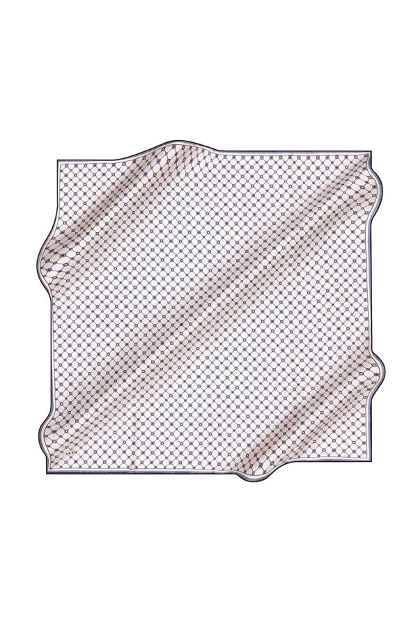 Beyaz Logo Desenli İpek Krep Saten Eşarp - Aker