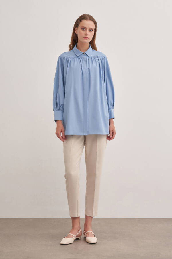 Mavi Gömlek Yaka Cotton Bluz - Aker