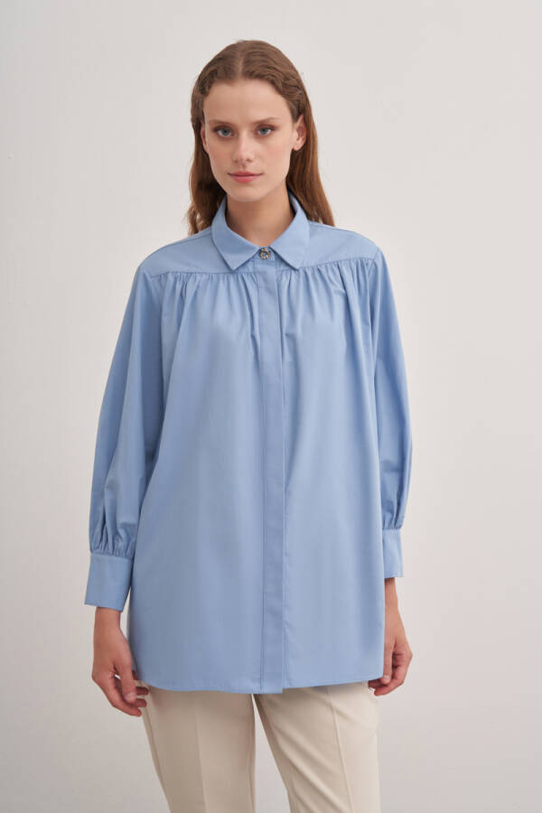 Mavi Gömlek Yaka Cotton Bluz - Aker (1)