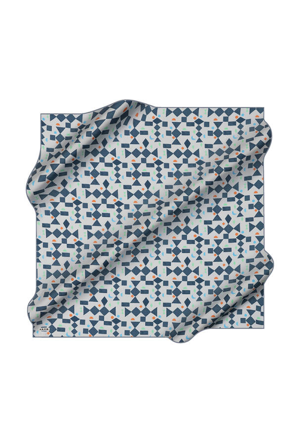 Mavi 90X90 İpek Krep Saten Eşarp - 1