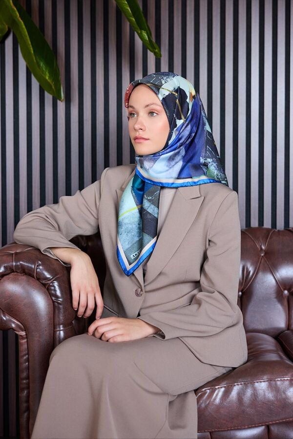 Mavi 90X90 İpek Krep Saten Eşarp - Aker (1)