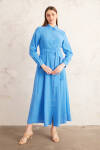 Mavi Belden Oturan Yakalı Elbise 