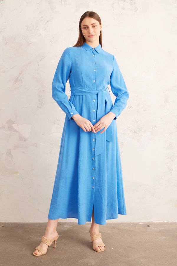 Mavi Belden Oturan Yakalı Elbise - 1