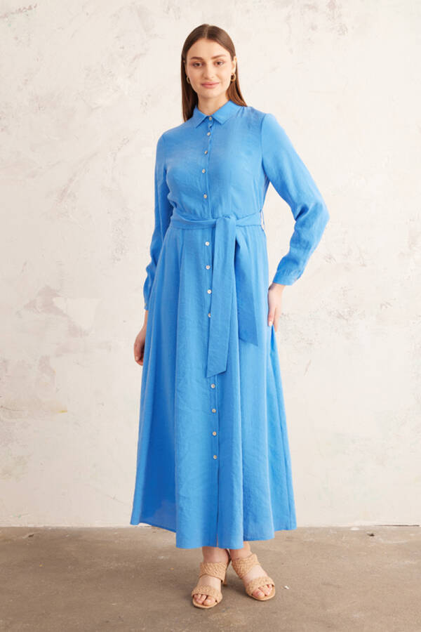 Mavi Belden Oturan Yakalı Elbise - 2