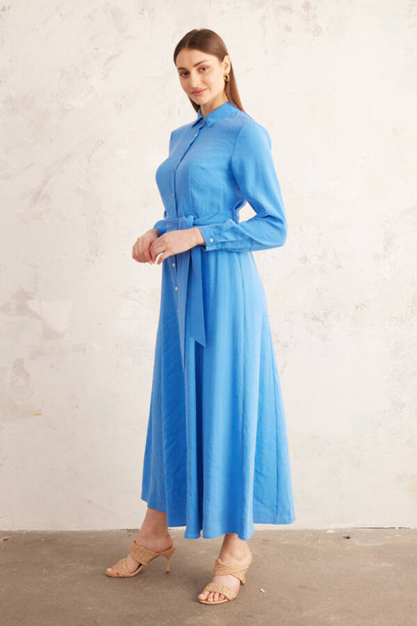 Mavi Belden Oturan Yakalı Elbise - 3